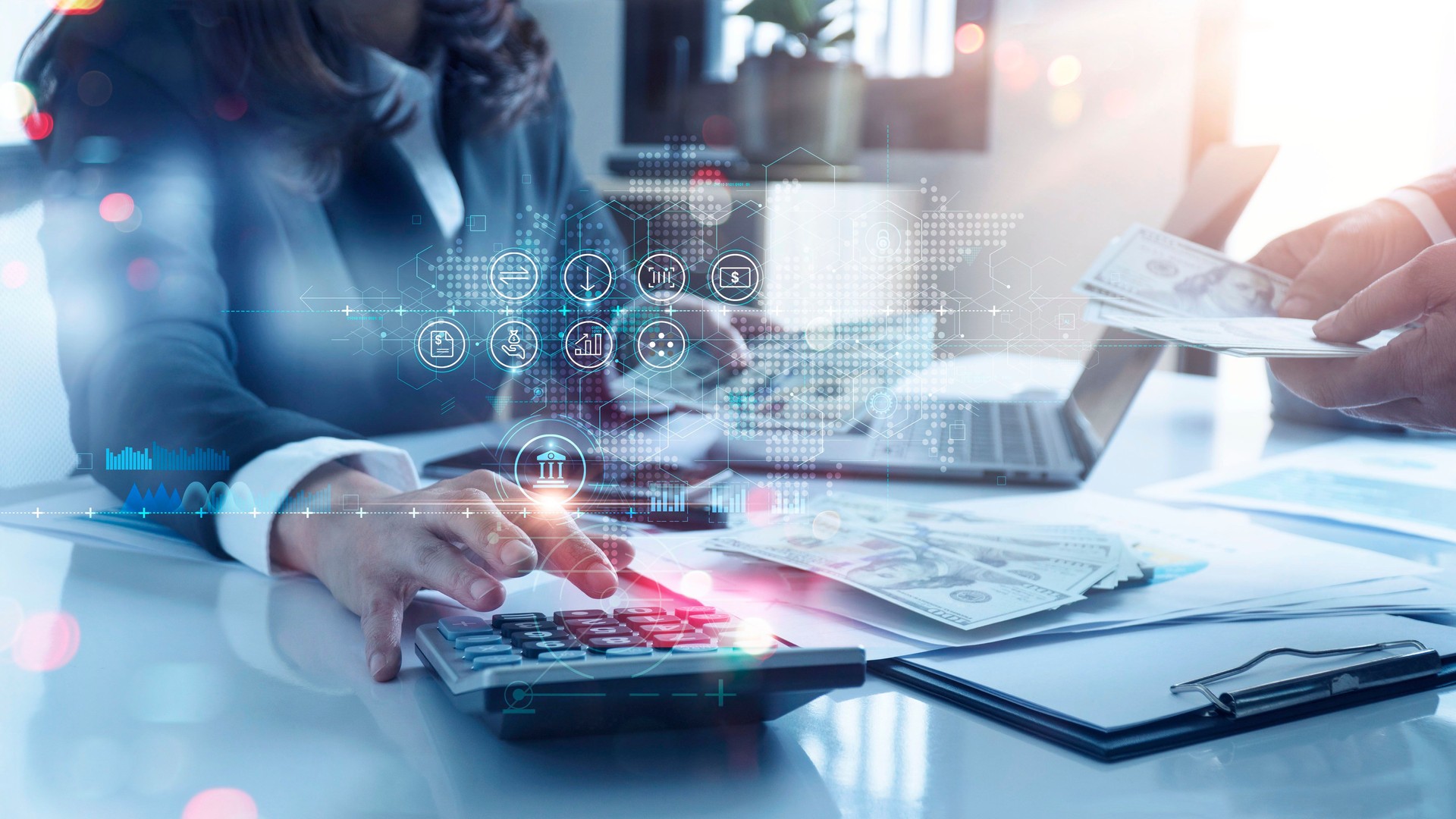 Woman accountant use calculator to calculate the company's financial results with icon banking on data network connection of finance and banking and analytical research, income, tax and business growth.